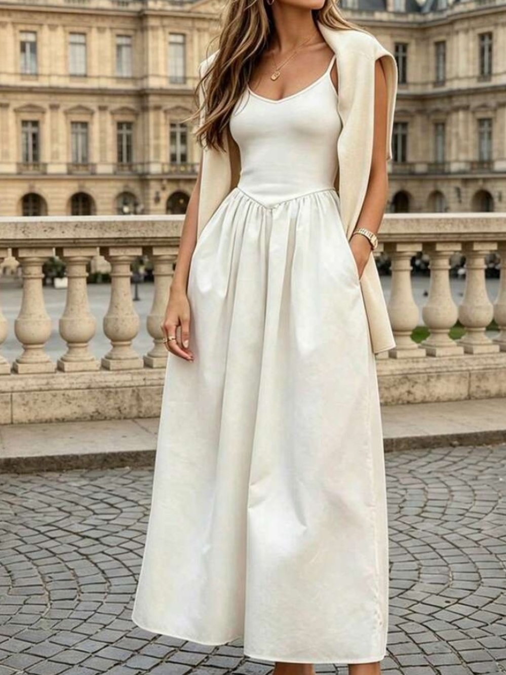 White Maxi A-Line dress with Gathered Waist